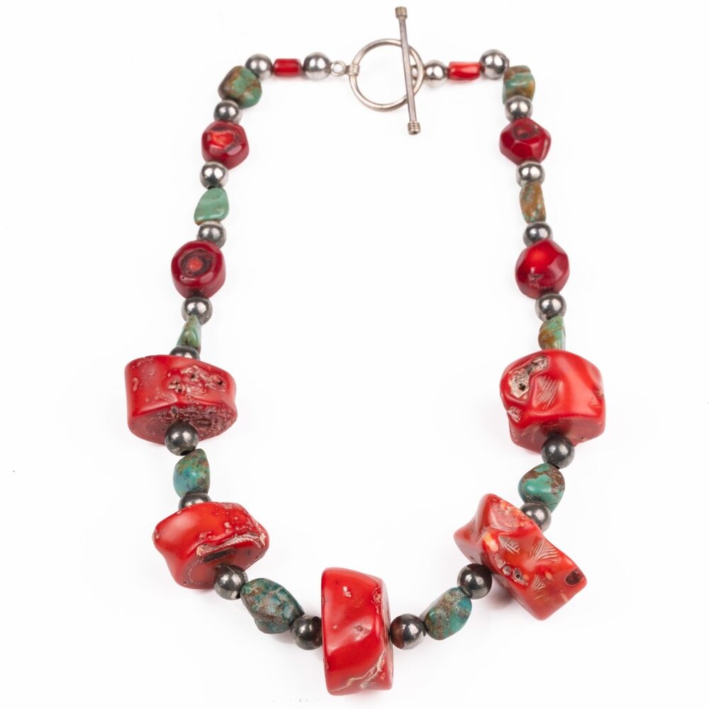 Turquoise and Chunky Red Coral  & Silver Bead Statement Vintage Necklace